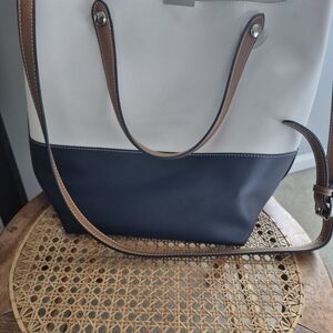 Minelli White and Navy Tote with Tan Accents
